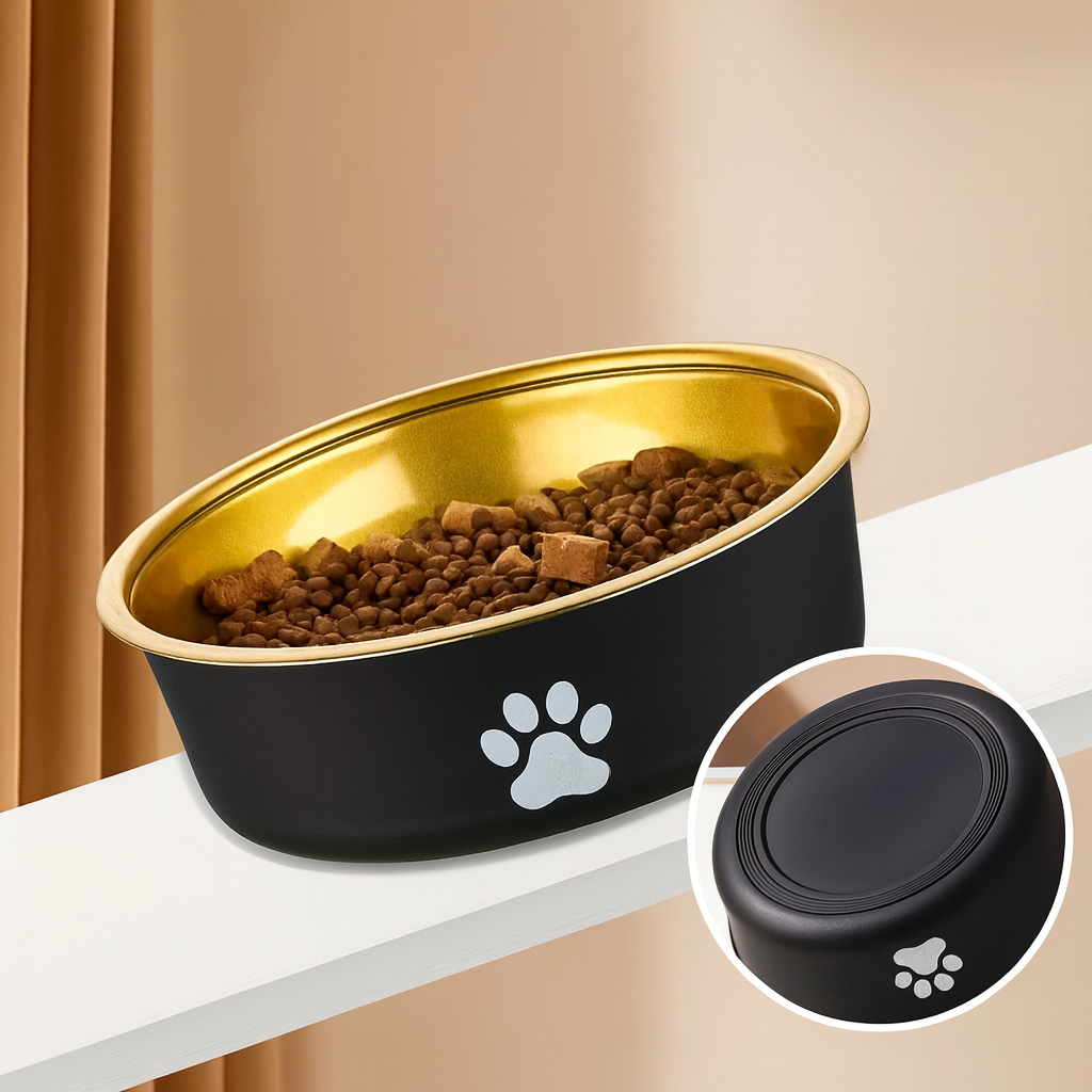 Gamelle pour chien de couleur noir et or mis sur une planche blanche incliné pour montrer la capacité anti-dérapante de la gamelle pour chien. Image produit Boutiquechien