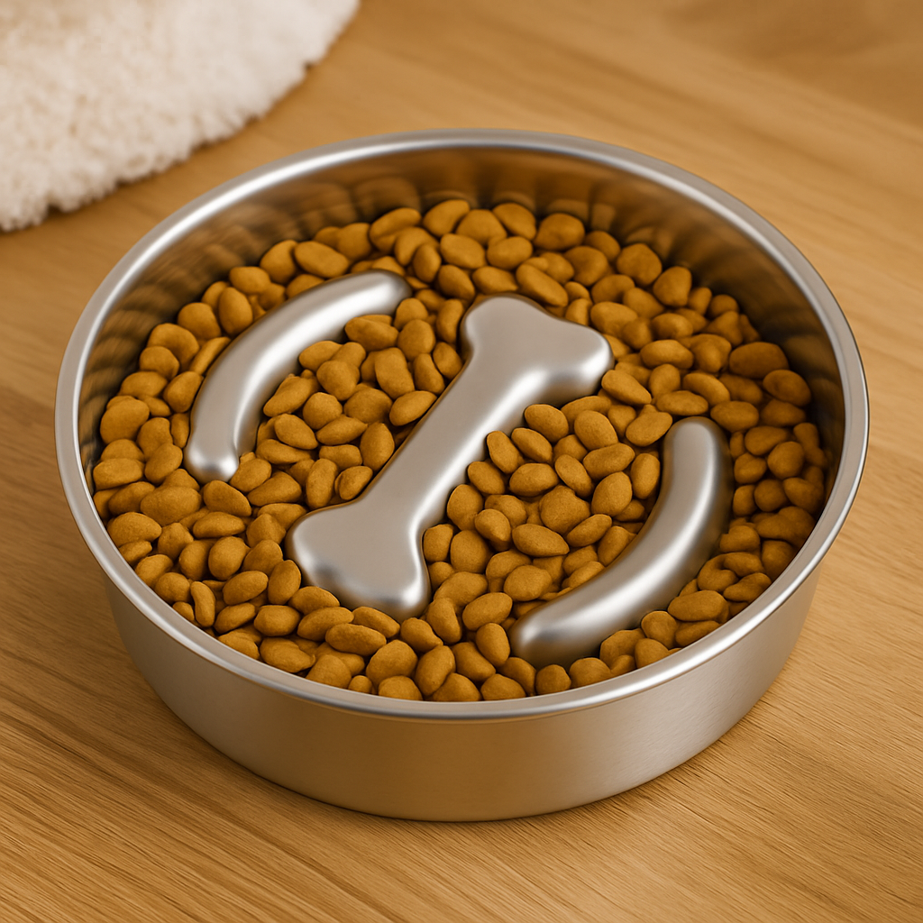 gamelle en inox pour chien avec une forme d'os anti-glouton. La gamelle est posé sur un parquet bois. Image produit Boutiquechien