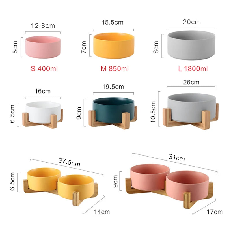 Gamelle en céramique pour chien avec support bois et toutes leurs dimensions. Image produit Boutiquechien