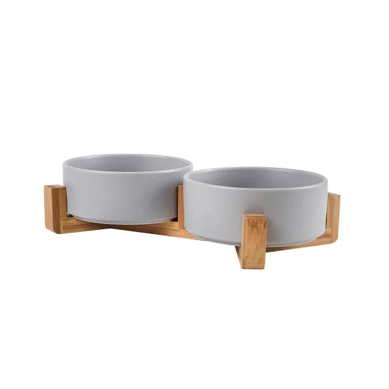 Gamelle pour chien double de couleur gris et bois. Image produit Boutiquechien
