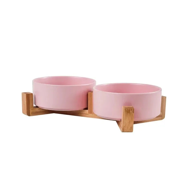 Gamelle pour chien double de couleur rose et bois. Image produit Boutiquechien