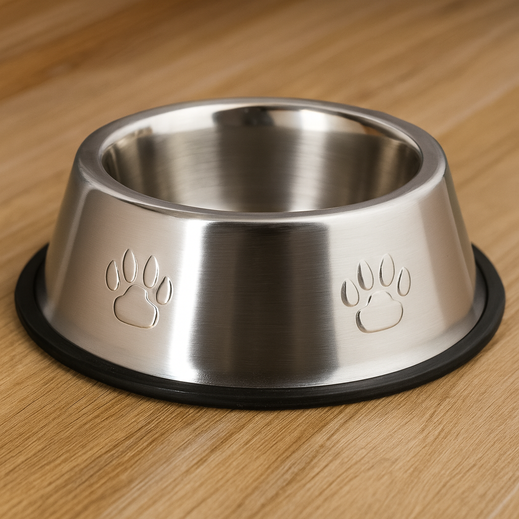 gamelle en inox avec de l'anti-dérapant noir avec des formes de pattes sur un parquet bois. Image produit Boutiquechien