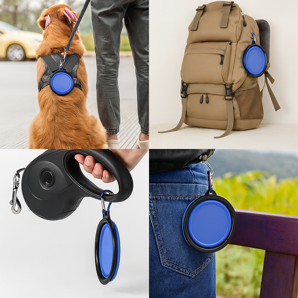 toutes les fonctions de la gamelle pour chien pliante de couleur bleu. Image produit Boutiquechien