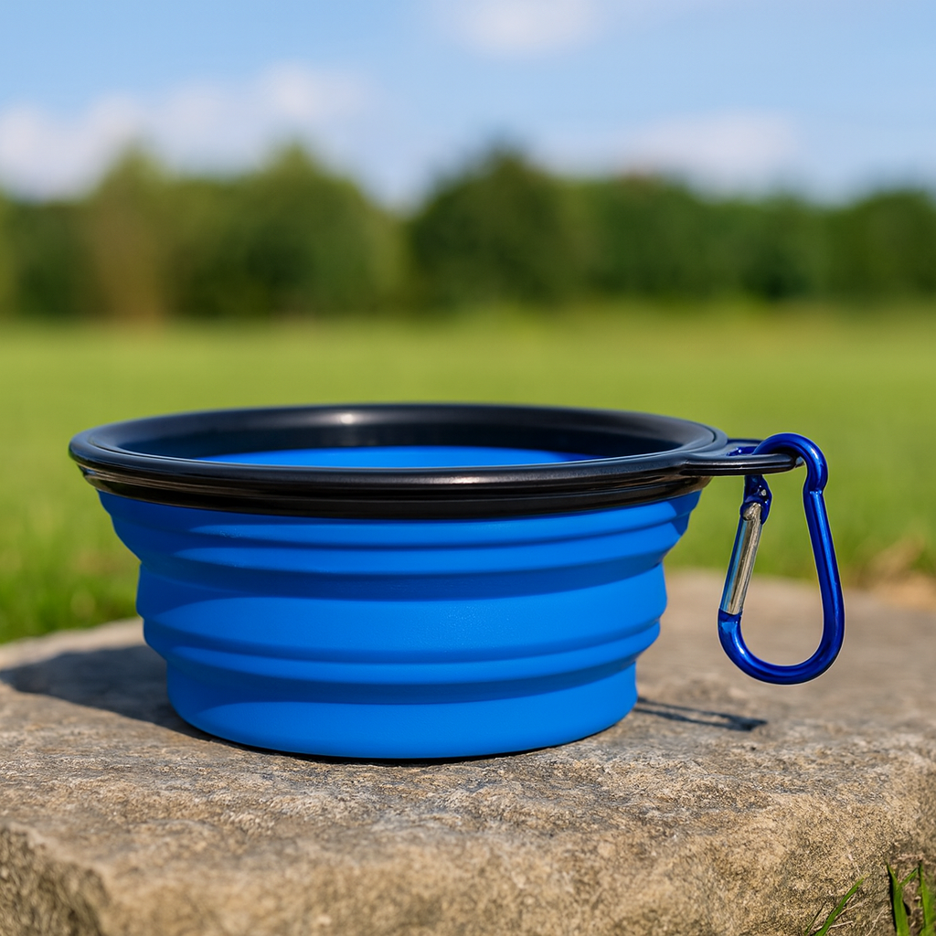 gamelle pour chien pliante bleu mis en valeur sur une pierre. En fond il y a de l'herbe et des arbres verte. Image produit Boutiquechien
