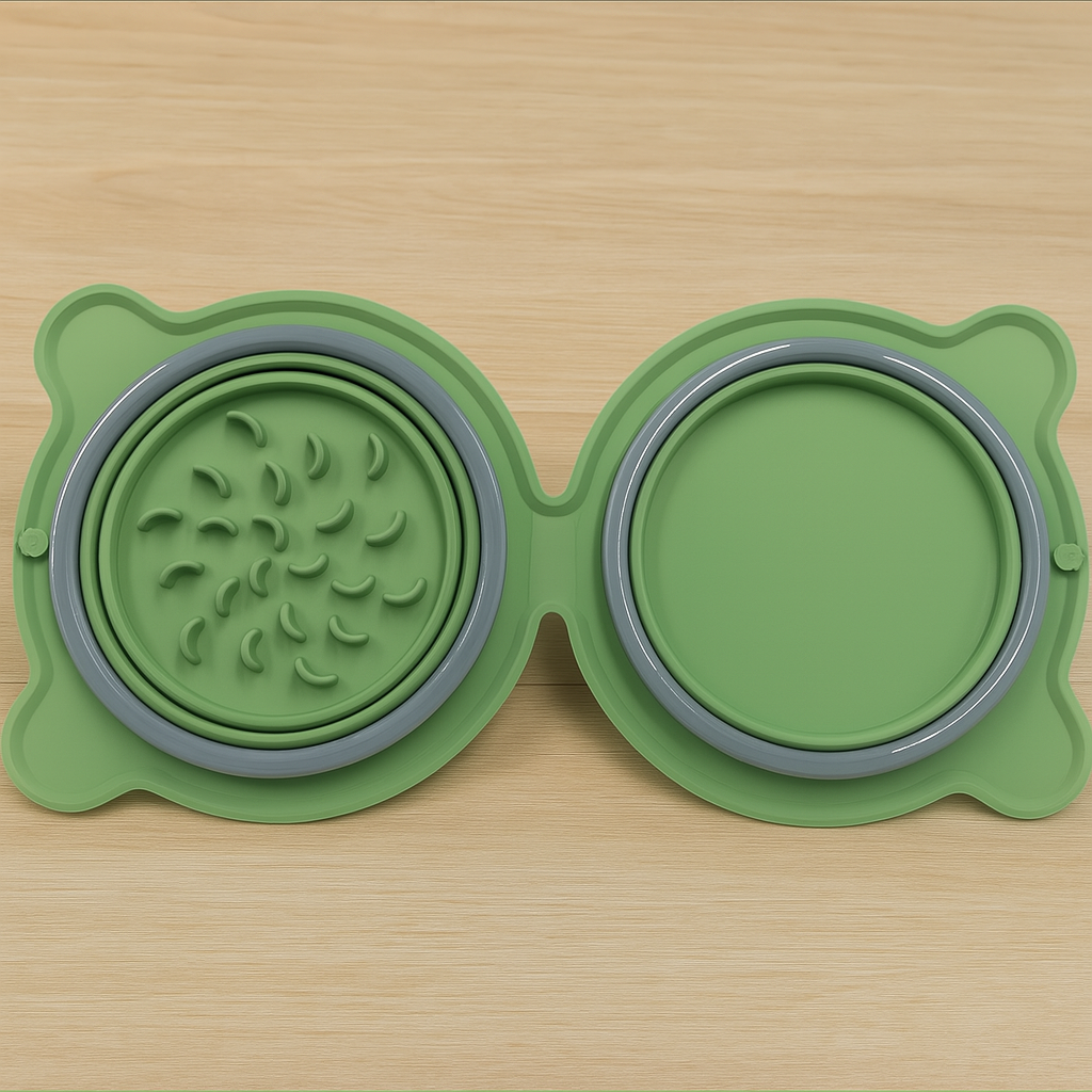 Gamelle pour chien pliante de couleur verte et grise. Image produit Boutiquechien