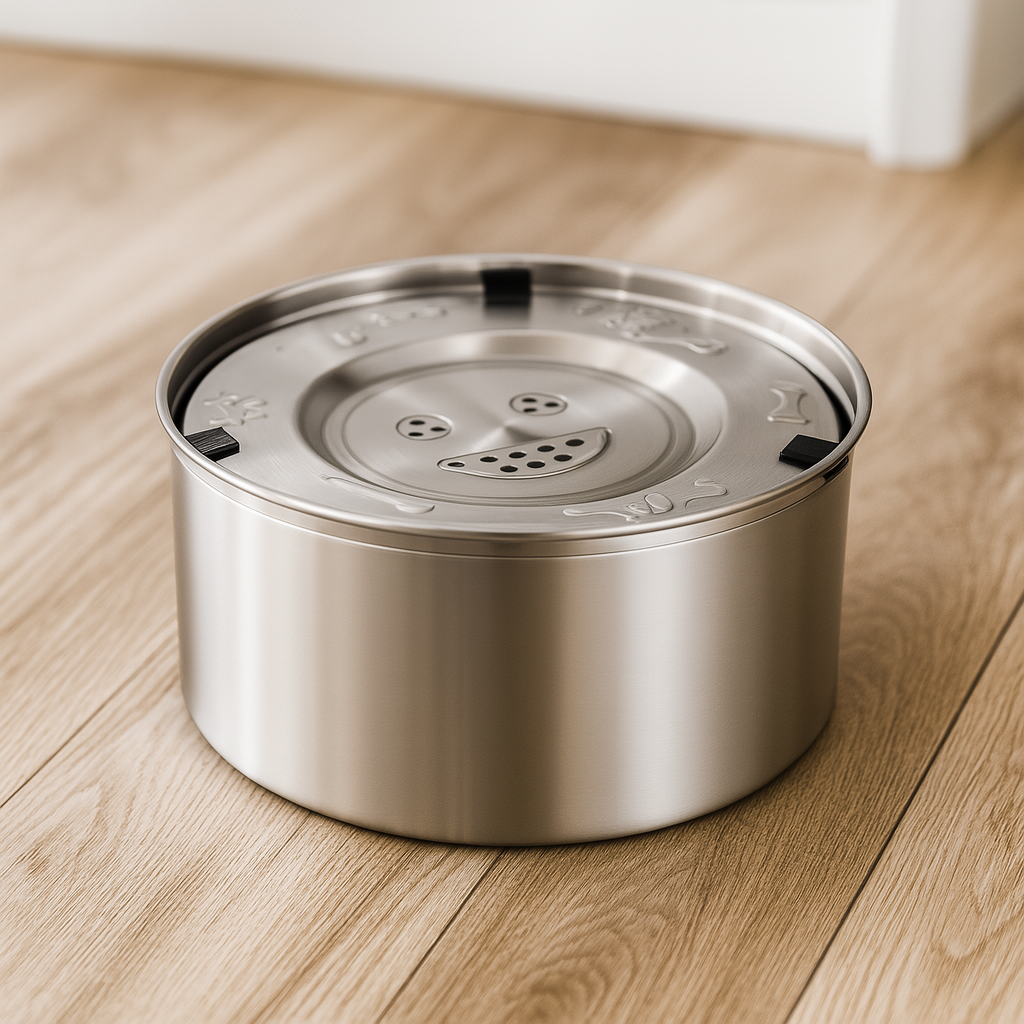 gamelle d'eau pour chien en inox posé sur un sol en planche de boutiquechien