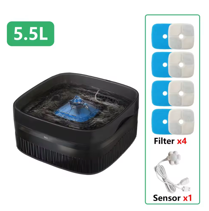 Pack complet de la gamelle d'eau automatique pour chien de couleur noir et de capacité 5.5l. Image produit Boutiquechien