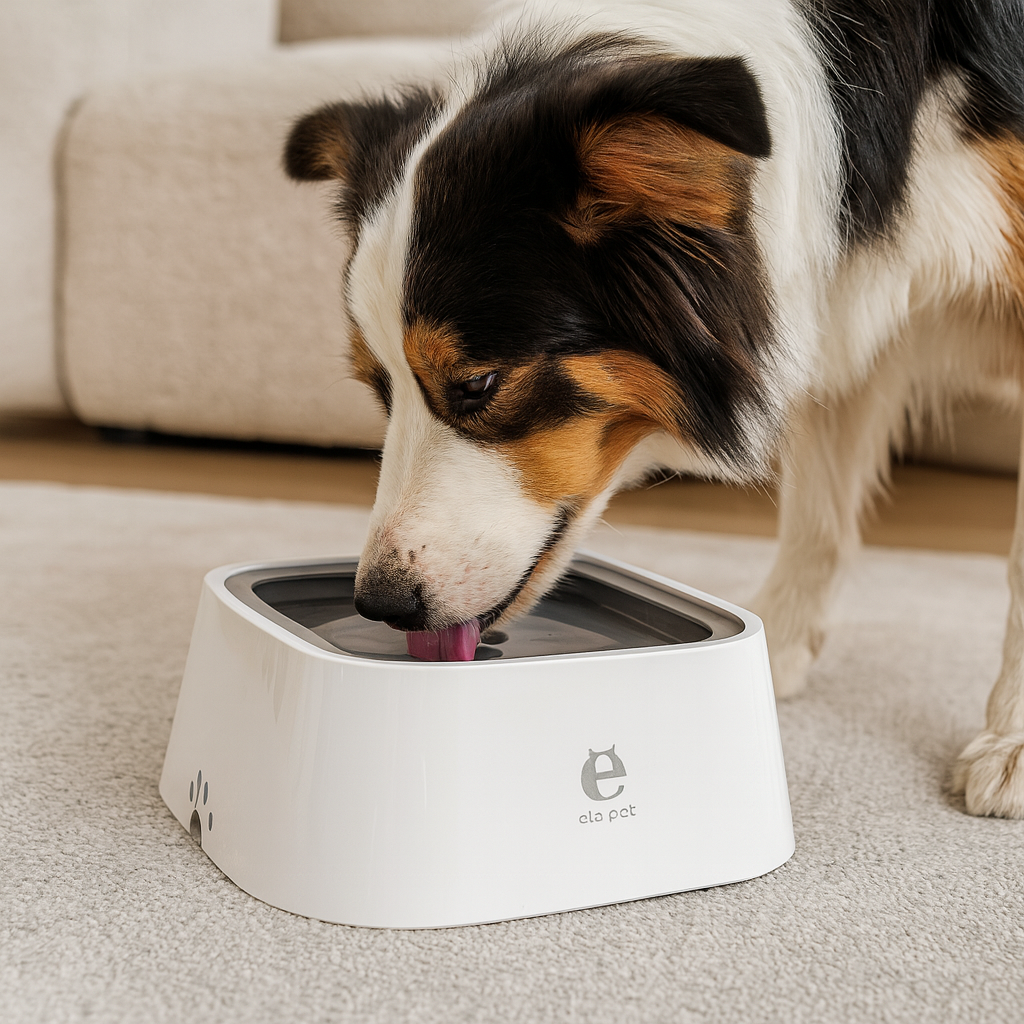 chien de taille moyenne blanc buvant de l'eau dans une gamelle d'eau blanche et grise en forme de patte. La gamelle d'eau est posé dans un salon de couleur claire sur un tapis blanc avec en fond un canapé gris. Image produit Boutiquechien
