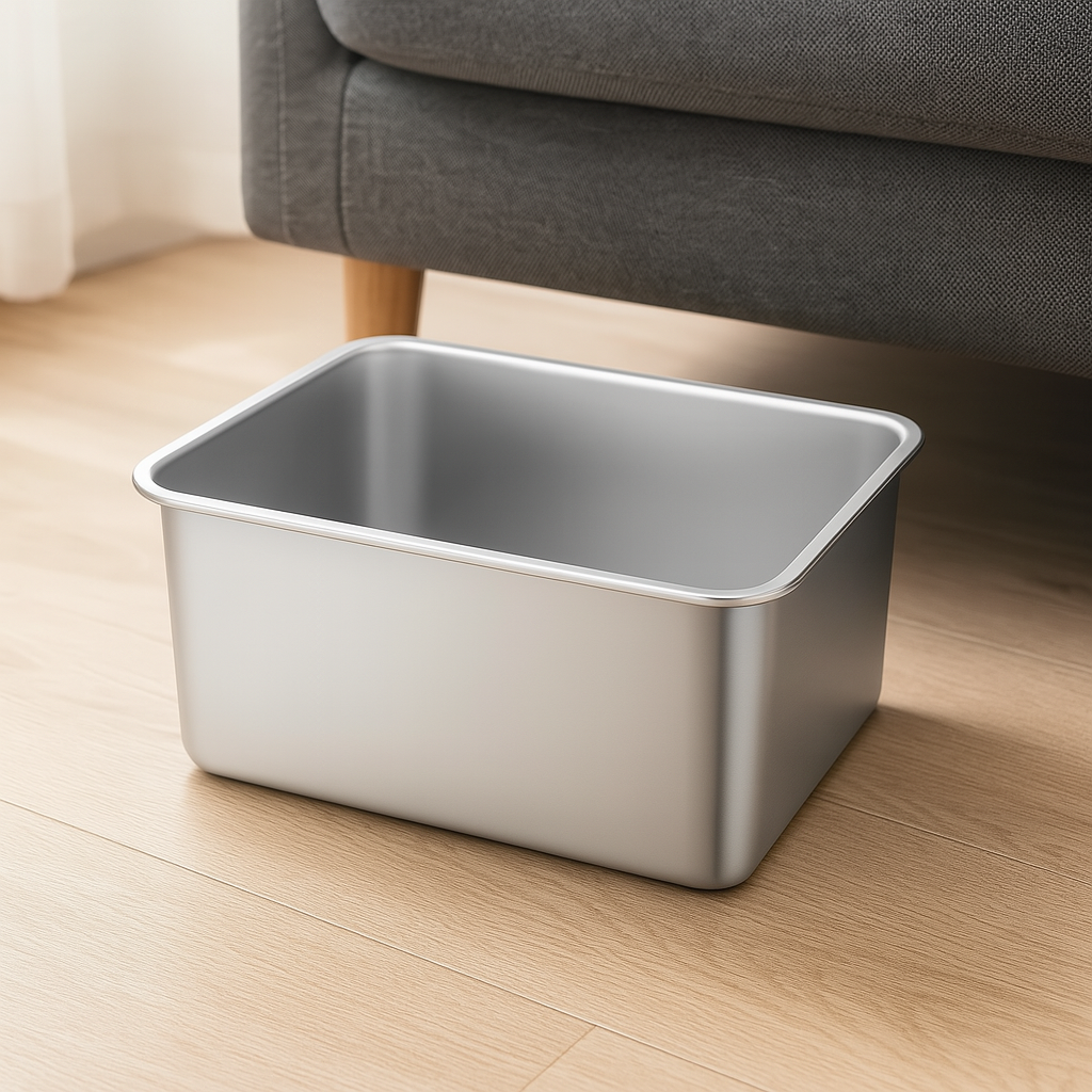 Grosse gamelle d eau en acier inoxydable pour chien posé dans un salon de couleur Claire avec un canapé gris. Image produit de boutiquechien