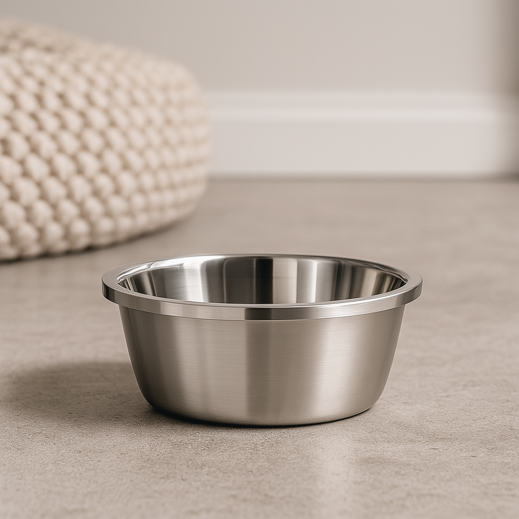 gamelle d'eau pour chien en inox de qualité prémium dans un fond claire. Image produit Boutiquechien