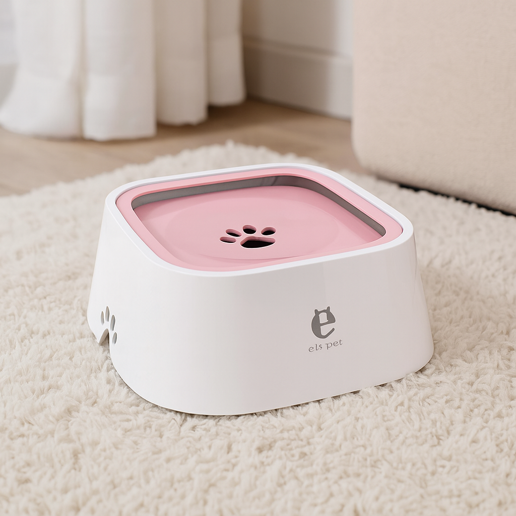 gamelle d'eau pour chien de couleur blanc et rose dans un salon de couleur claire sur un tapis blanc. Image produit Boutiquechien