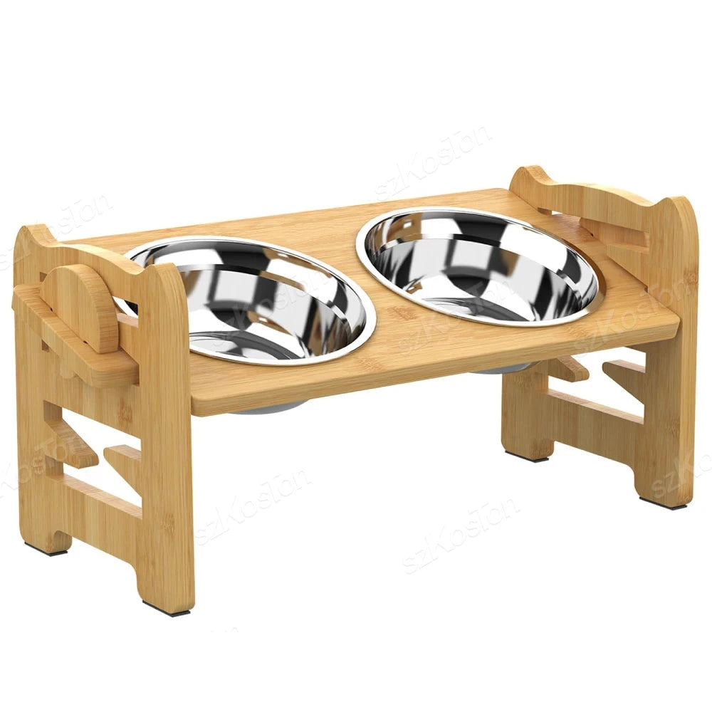 Gamelle double pour chien avec support bois réglable réglable. Image produit Boutiquechien