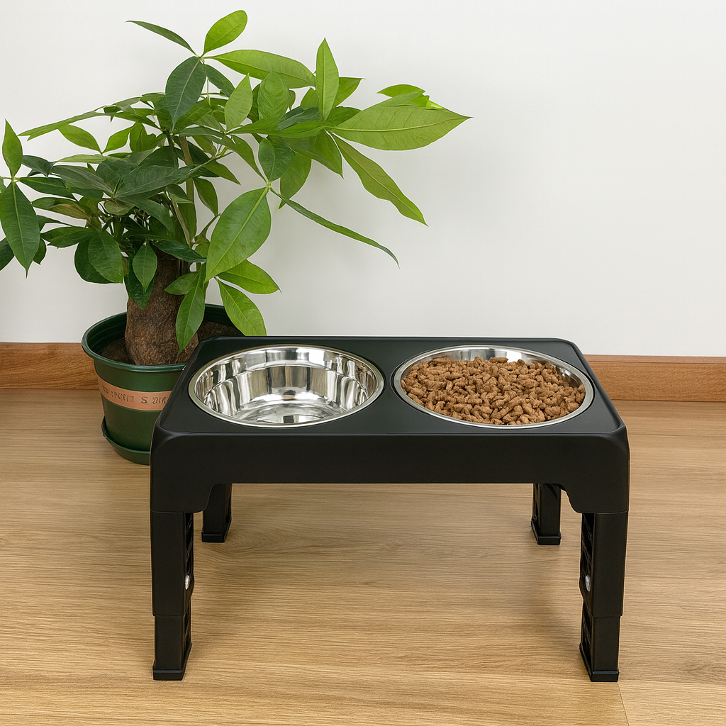 gamelle chien double noir et inox avec croquette. En fond il y a une plante verte. Image produit Boutiquechien