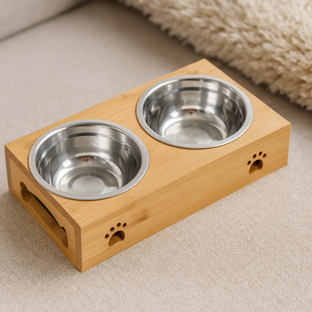 Gamelle double pour chien sur support bois avec des formes de pattes sur un canaoé gris. Image produit Boutiquechien