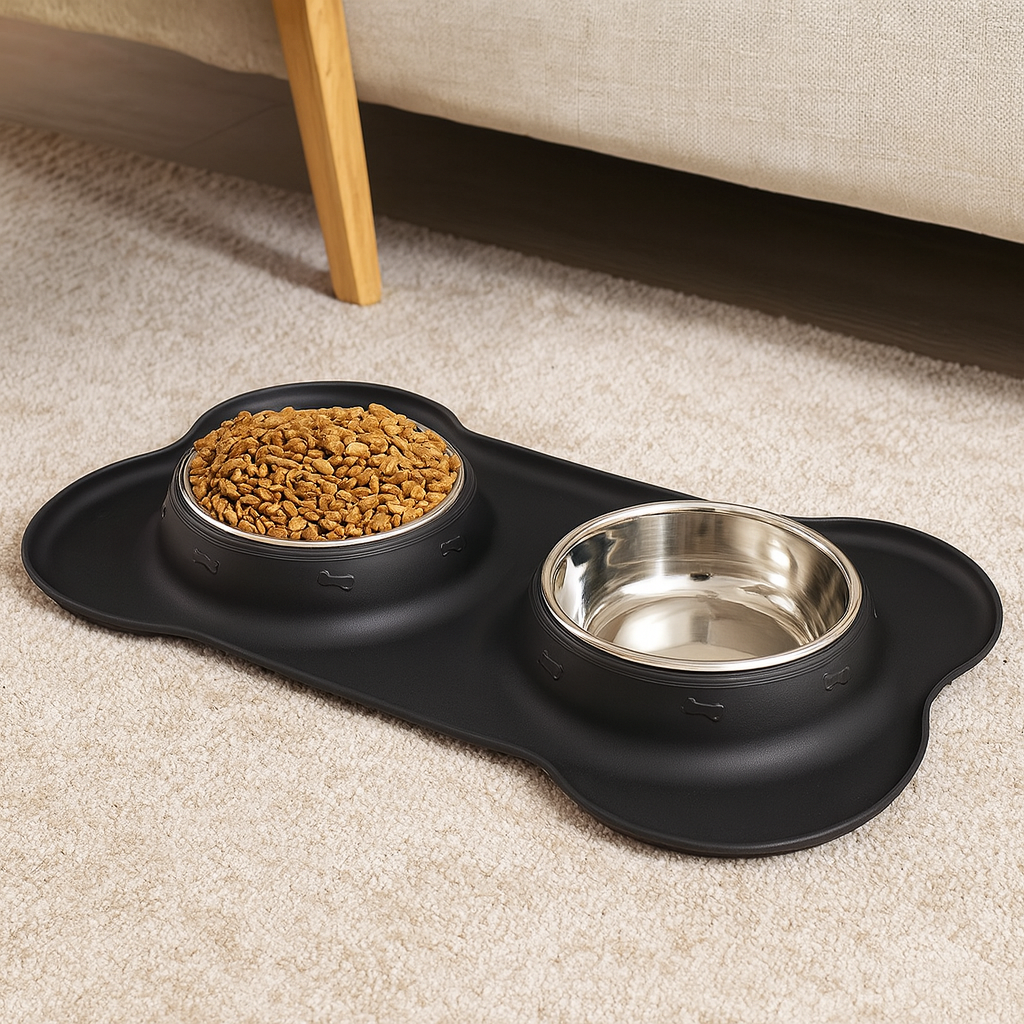 Gamelle double pour chien en caoutchouc de couleur noir avec deux gamelle en inox. Image produit Boutiquechien