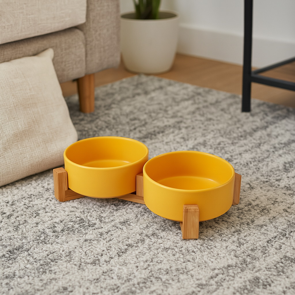 Gamelle double pour chien de couleur orange et bois posé sur un tapis de couleur gris et blanc avec en fond une plante verte, un canapé gris et un coussin blanc. Image produit Boutiquechien