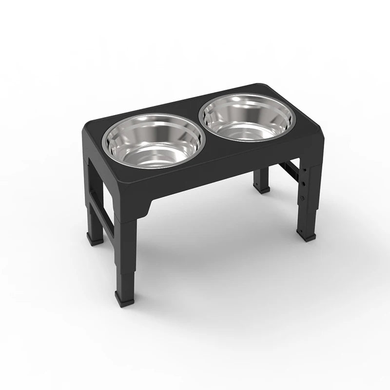 Gamelle double pour chien de couleur noir avec deux gamelle en inox dans un fond blanc. Image produit Boutiquechien