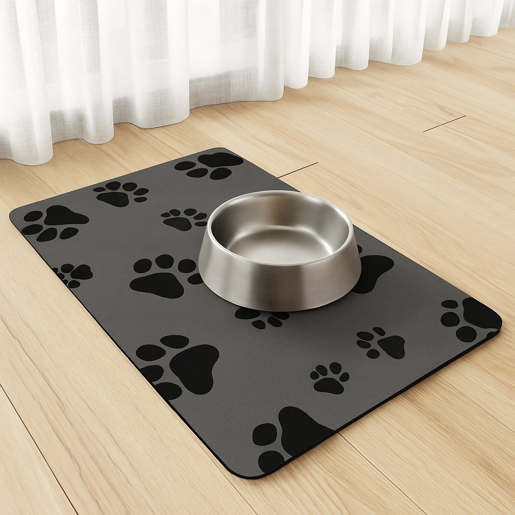 Tapis pour gamelle en inox de couleur gris. Le tapis chien est de couleur noir et possèdent des formes de pattes de pattes de chien. Image produit Boutiquechien