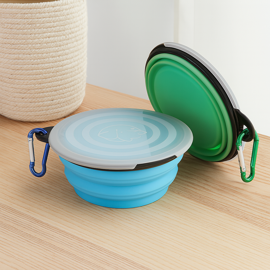 Lot de gamelle pliante pour chien de couleur bleu et vert mis en valeur près d'un pot bleu sur un sol en bois. Image produit Boutiquechien