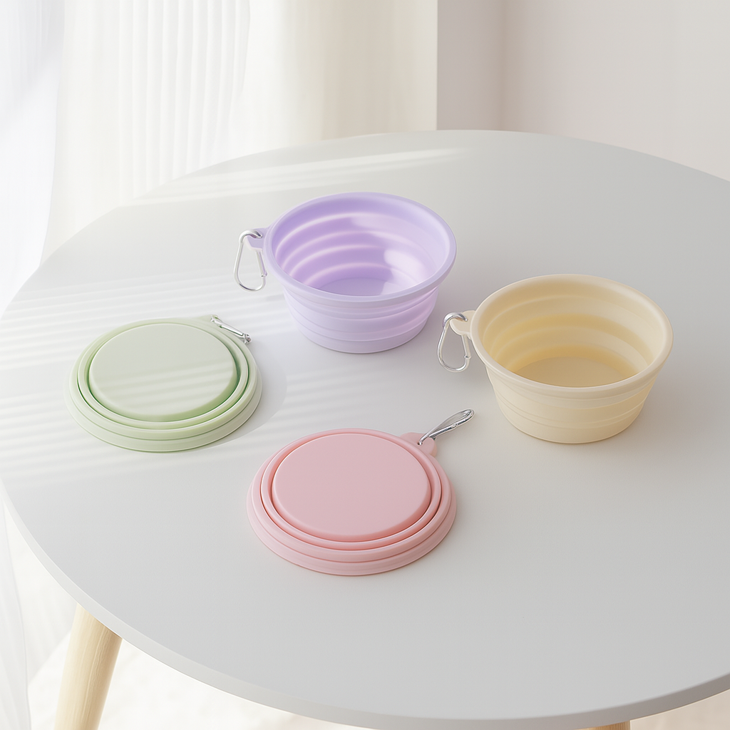 Gamelle pour chien pliante de différente couleur posé sur une table de couleur blanche. En fond il y a un mur blanc et un rideau blanc. Image produit Boutiquechien
