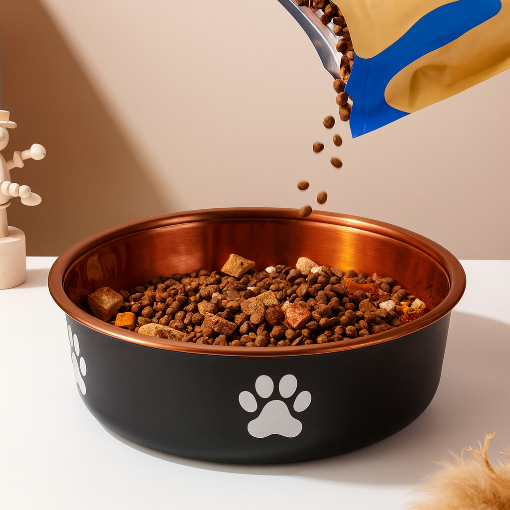 Gamelle pour chien anti-dérapante de couleur noir et bronze. Il a une forme de patte blanche sur la gamelle pour chien. Un sachet de croquette fait tomber des croquettes dans la gamelle pour chien. Image produit Boutiquechien