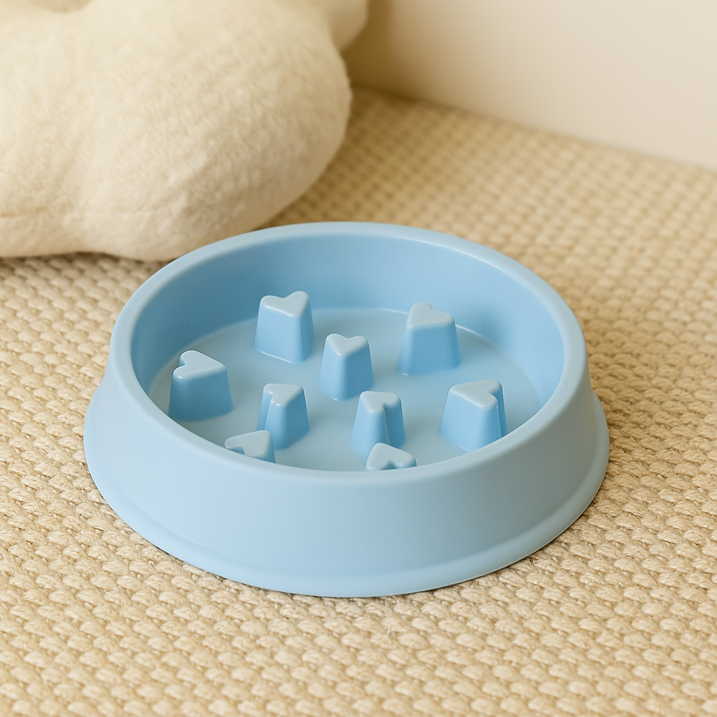 Gamelle pour chien anti glouton avec motif coeur de couleur bleu. Image produit boutiquechien