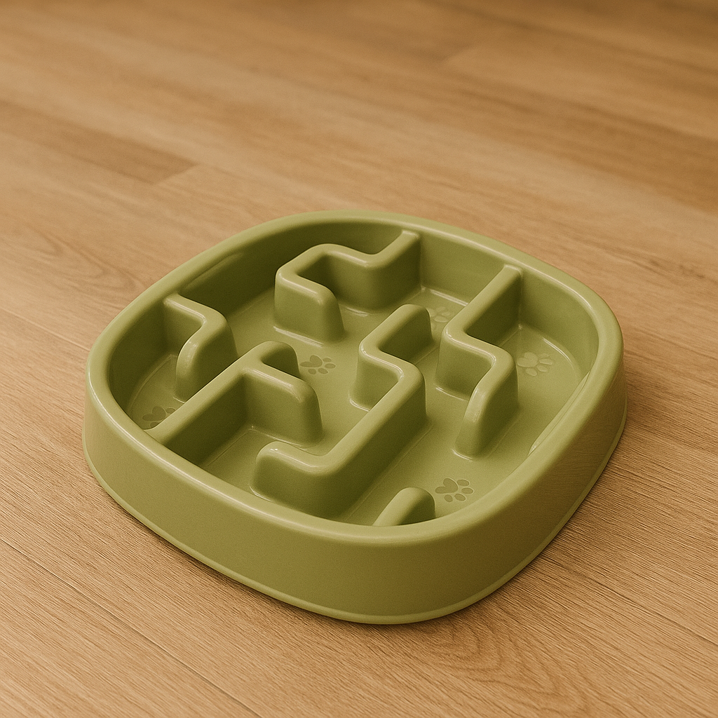 gamelle pour chien anti-glouton de couleur vert posé sur un parquet de couleur vert. image produit Boutiquechien