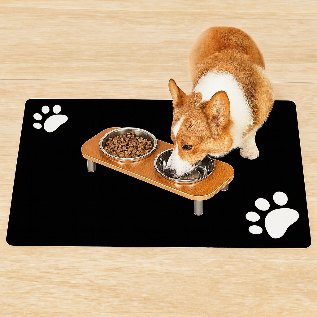 Tapis de protection de couleur noir avec des pattes de couleur blanche. Un corgi brun et blanc mange dans une gamelle design. Image produit Boutiquechien
