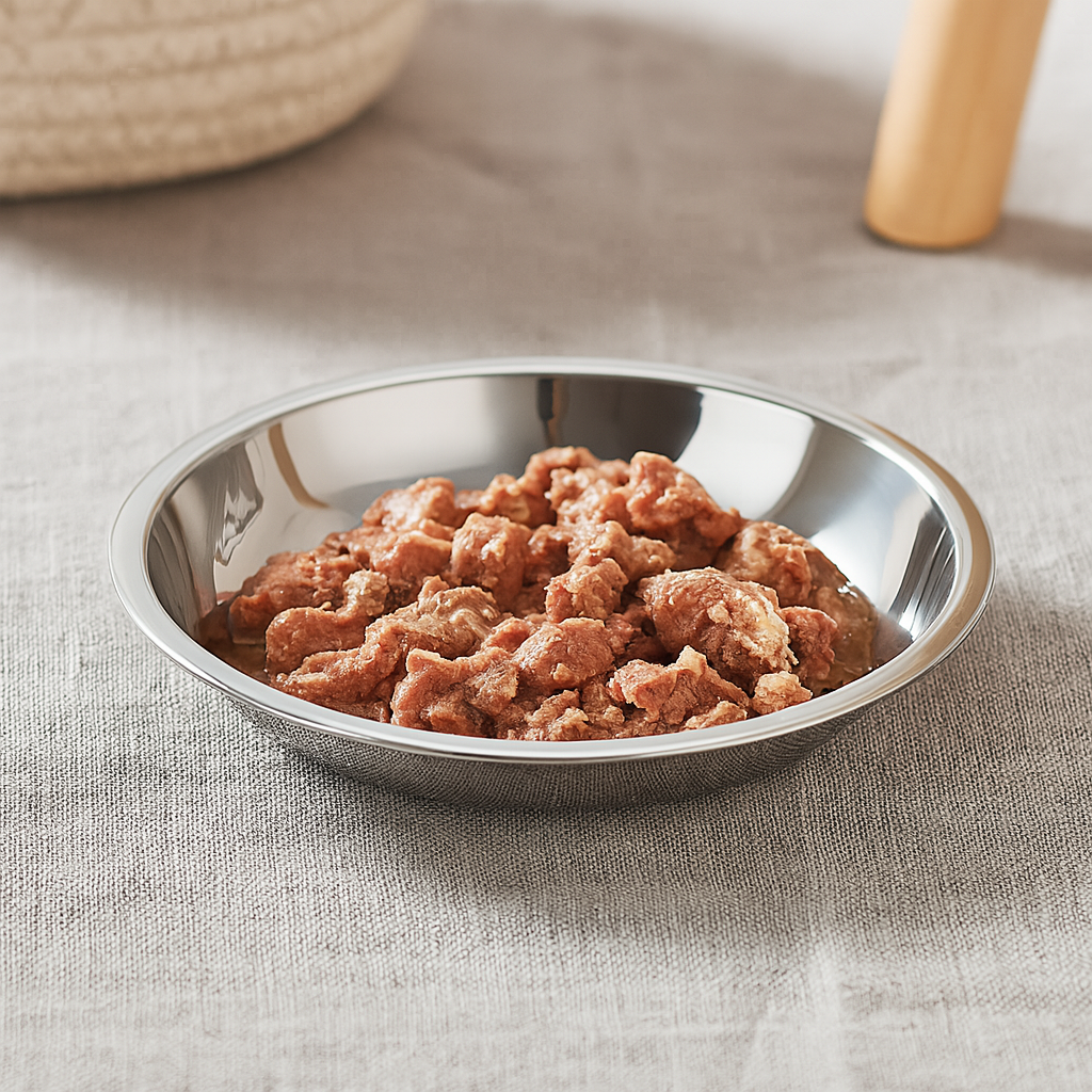 Pâté pour chien dans la gamelle en inox pour chien. Le produit est sur un tissu claire. Image produit Boutiquechien
