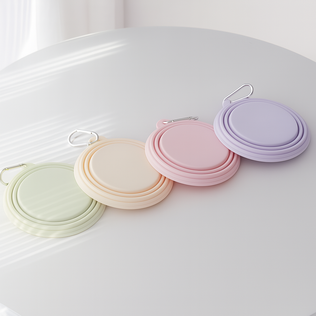 Gamelle pliante pour chien plié. Les gamelles sont de différentes couleur et sont posé sur une table blanche. En fond il y a un mur blanc et un rideau blanc. Image produit Boutiquechien