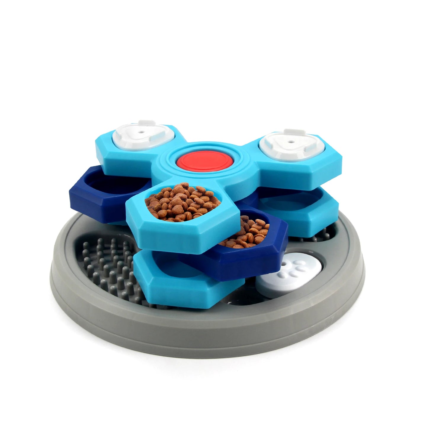 Gamelle pour chien en forme de puzzle de couleur grise et bleu foncé trois étages. Image produit Boutiquechien