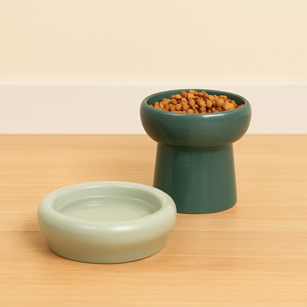 gamelle pour chien en céramique de couleur vert claire et vert foncé avec des croquette dans une des gamelle. Les gamelles sont posé sur un sol en bois avec en fond une tapisserie blanche. Image produit Boutiquechien