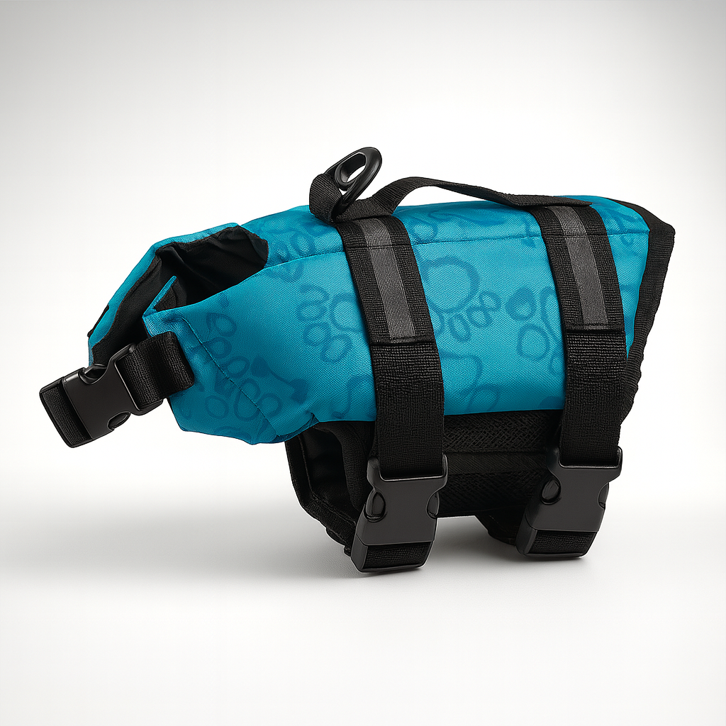 Gilet de sauvetage pour chien de couleur bleu et noir à motif patte de boutiquechien