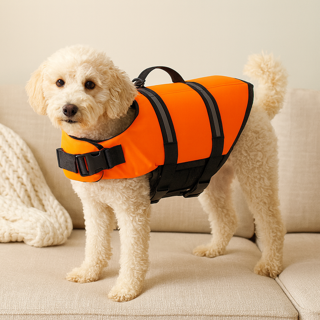 petit chien de couleur blanc portant un Gilet de sauvetage de couleur orange. Le chien est debout sur un canapé de couleur blanc. Image produit Boutiquechien