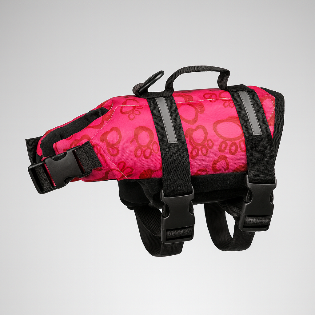 Gilet de sauvetage pour chien de couleur rose et noir à motif patte de boutiquechien