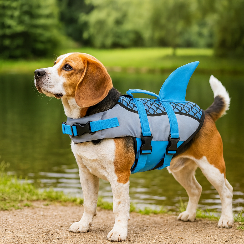 Gilet de sauvetage pour les chiens de couleur bleu et gris en forme de requin. Le chien est près d'un étang de couleur vert. Le chien est de taille moyenne. Image produit Boutiquechien