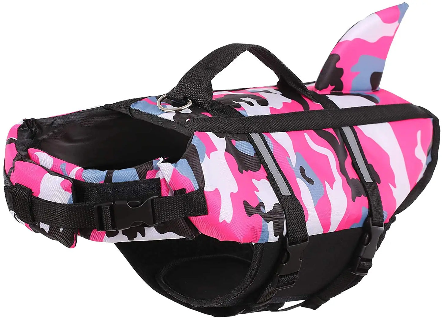 Gilet de sauvetage pour les chiens de couleur rose avec un style camouflage. Le gilet pour chien à une forme de requin. Image produit Boutiquechien