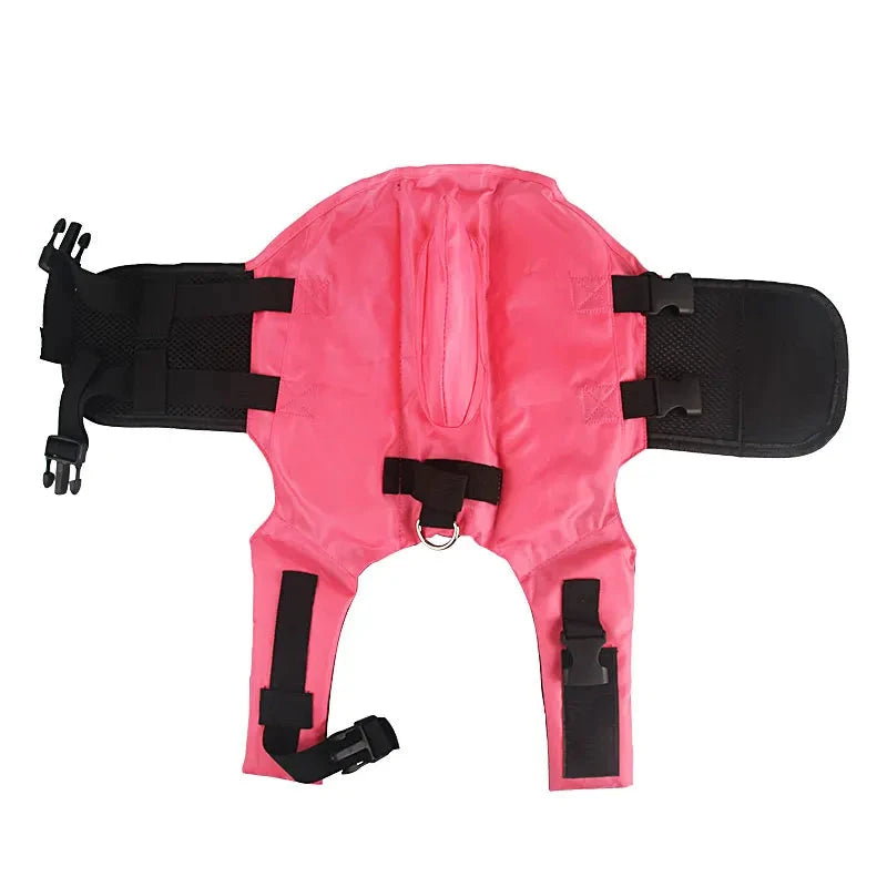 Gilet de sauvetage pour chien de couleur rose avec une forme de requin de couleur rose et noir. Image produit Boutiquechien