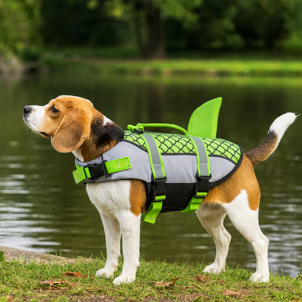 Gilet de sauvetage pour les chiens de moyenne taille près d'un étang. Le chien porte un gilet de sauvetage de couleur vert et gris. Image produit Boutiquechien