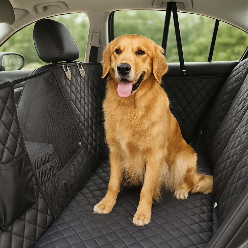 golden retriever de couleur roux assis dans une voiture de couleur Claire. Le chien est assis sur une protection de siège de couleur noir. Image produit Boutiquechien