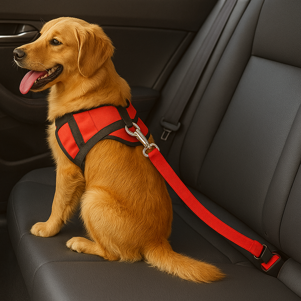 golden retriever de couleur brun portant un harnais rouge avec une ceinture de sécurité rouge à l'arrière d'une voiture. Image produit Boutiquechien