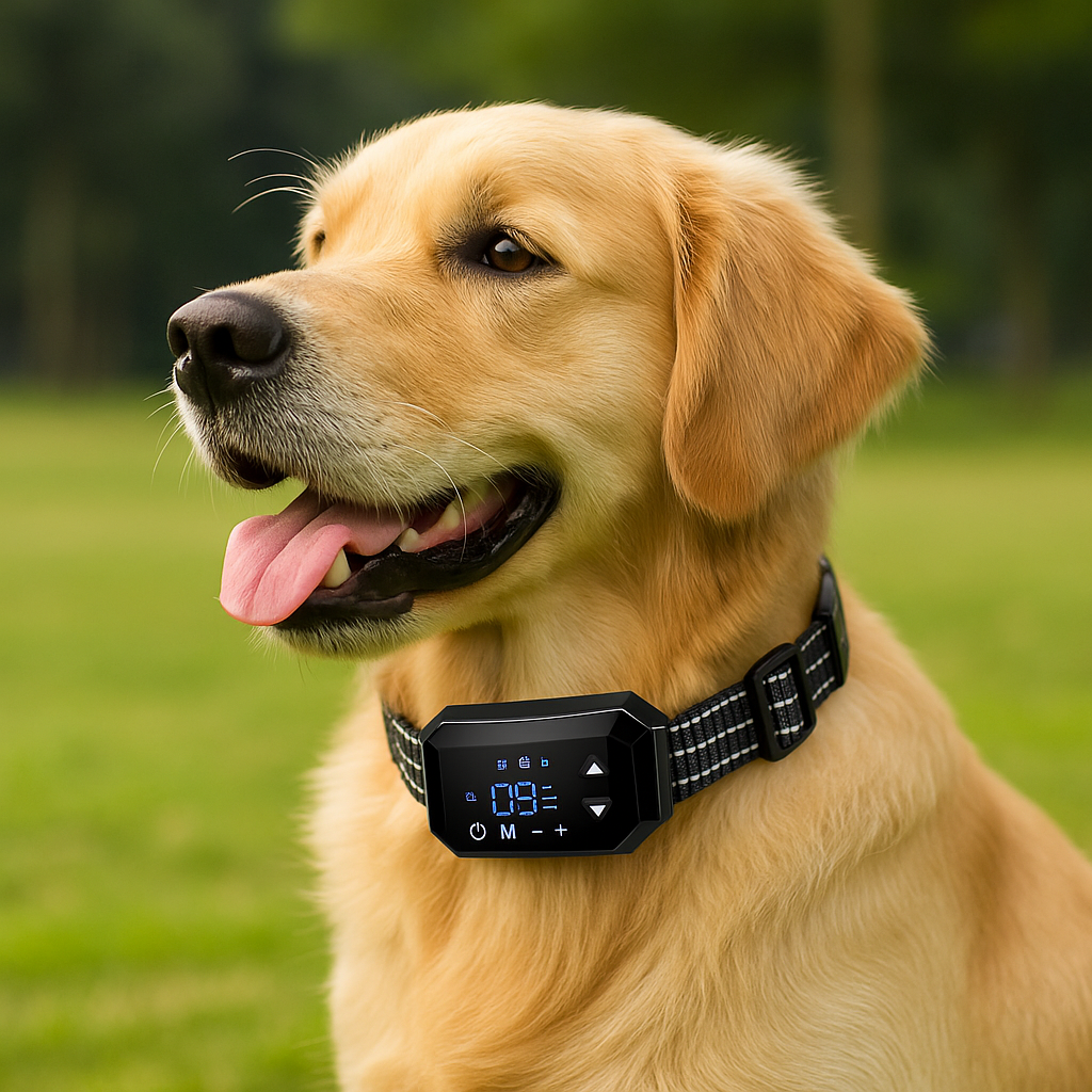 Collier chien de couleur noir anti fugue porté par un golden retriever blanc. Image produit Boutiquechien