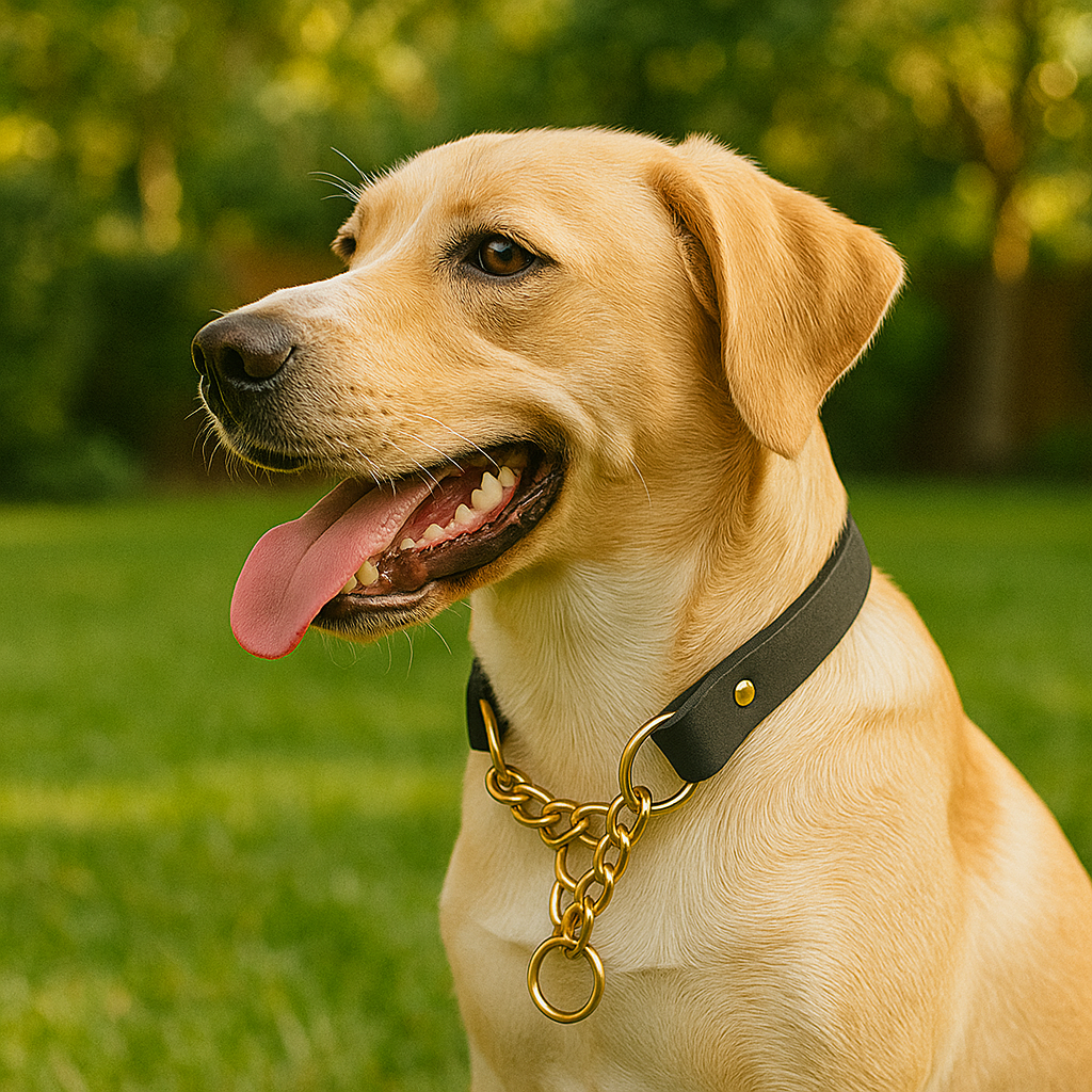 Golden retriever blanc avec collier chien anti traction design de couleur noir et or. Image produit Boutiquechien
