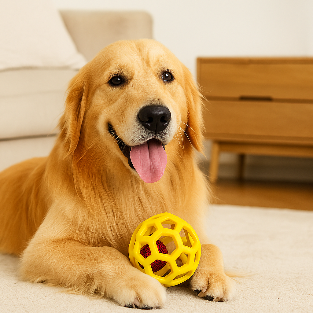Golden retriever de couleur blanc jouant avec une balle chien durable dans un salon de couleur claire avec en fond un canapé blanc et une table basse de boutiquechien