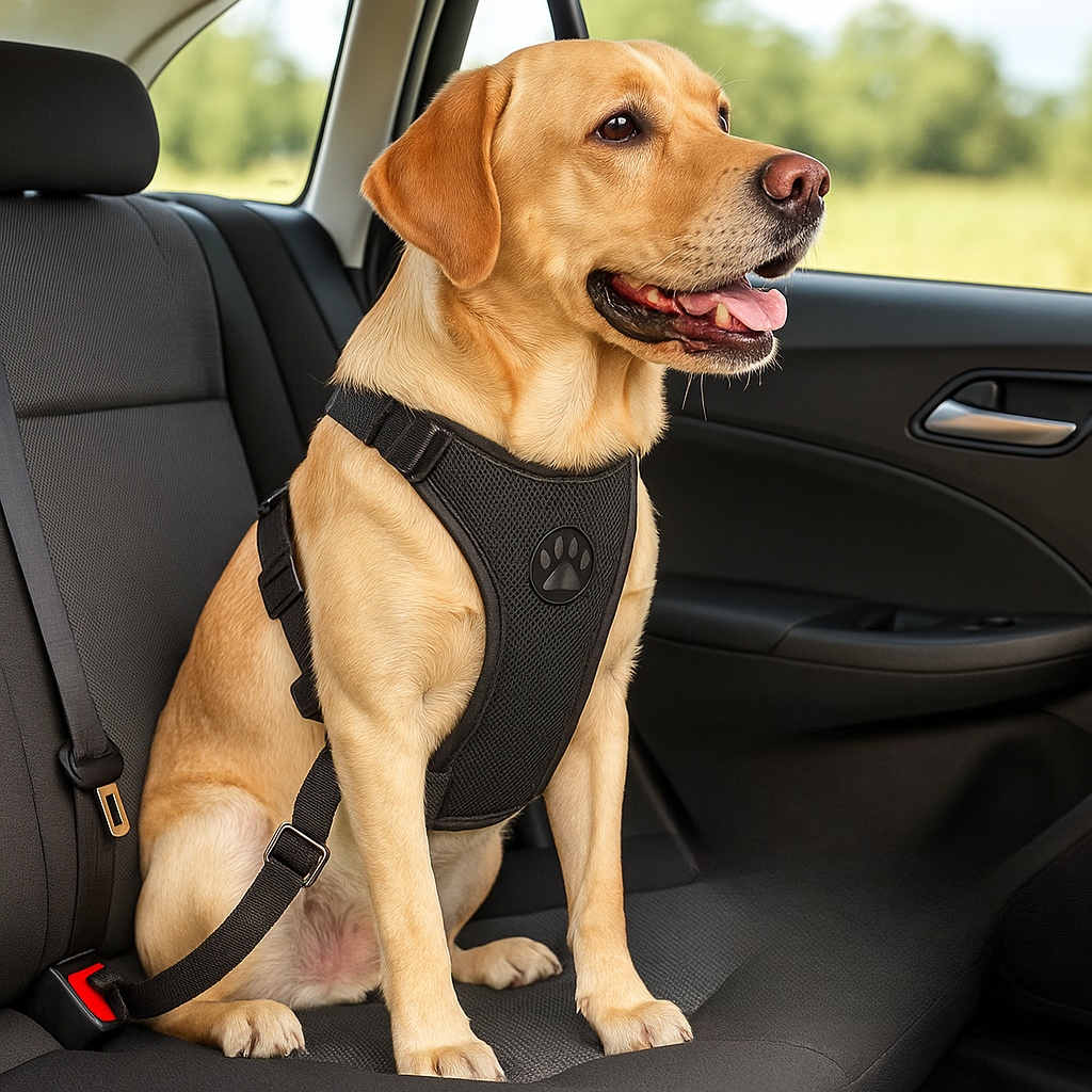 Golden retriever assis à l'arrière d'une voiture attaché avec une ceinture et un harnais de sécurité. L'arrière de la voiture est de couleur noir avec le harnais et la ceinture de couleur noir. Image produit Boutiquechien