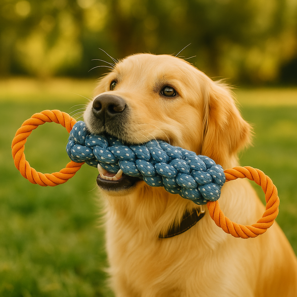 Golden retriever blanc assis dans l'herbe verte. Le chien joue avec son jouet résistant en corde. Image produit Boutiquechien