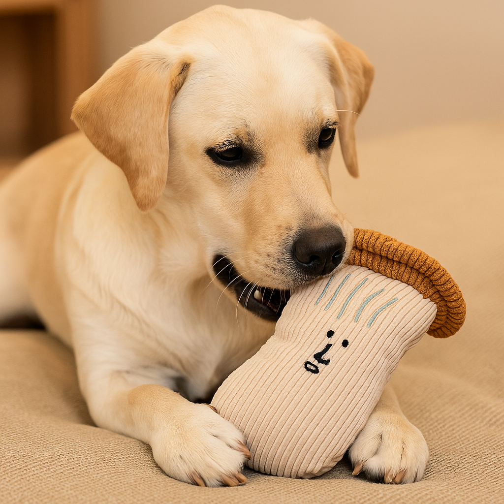 golden retriever de couleur blanc jouant avec sa peluche campignon blanc. Image produit Boutiquechien