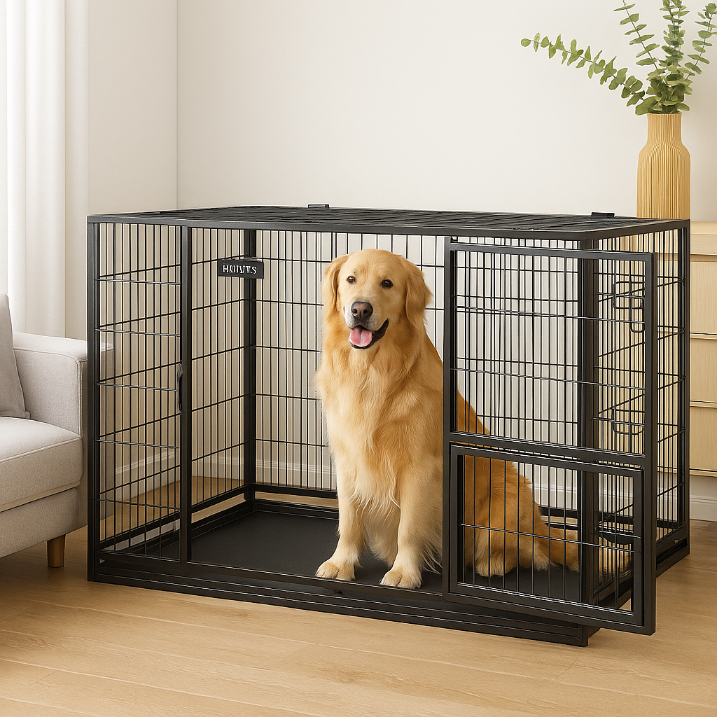 golden retriever de couleur blanc dans une cage de couleur noir avec en fond une plante verte près d'un canapé gris. Image produit Boutiquechien