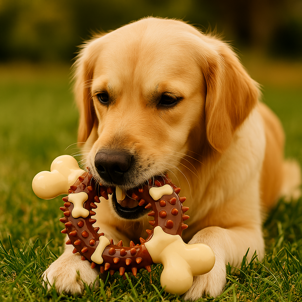 Golden retriever de couleur blanc jouant avec son os à mâcher parfait pour jouer avec son chien. Image produit Boutiquechien