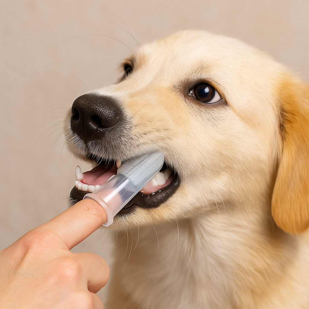 golden retriever de couleur blanc et roux se faisant brosser les dents avec une brosse à dent doigt transparente. image produit Boutiquechien
